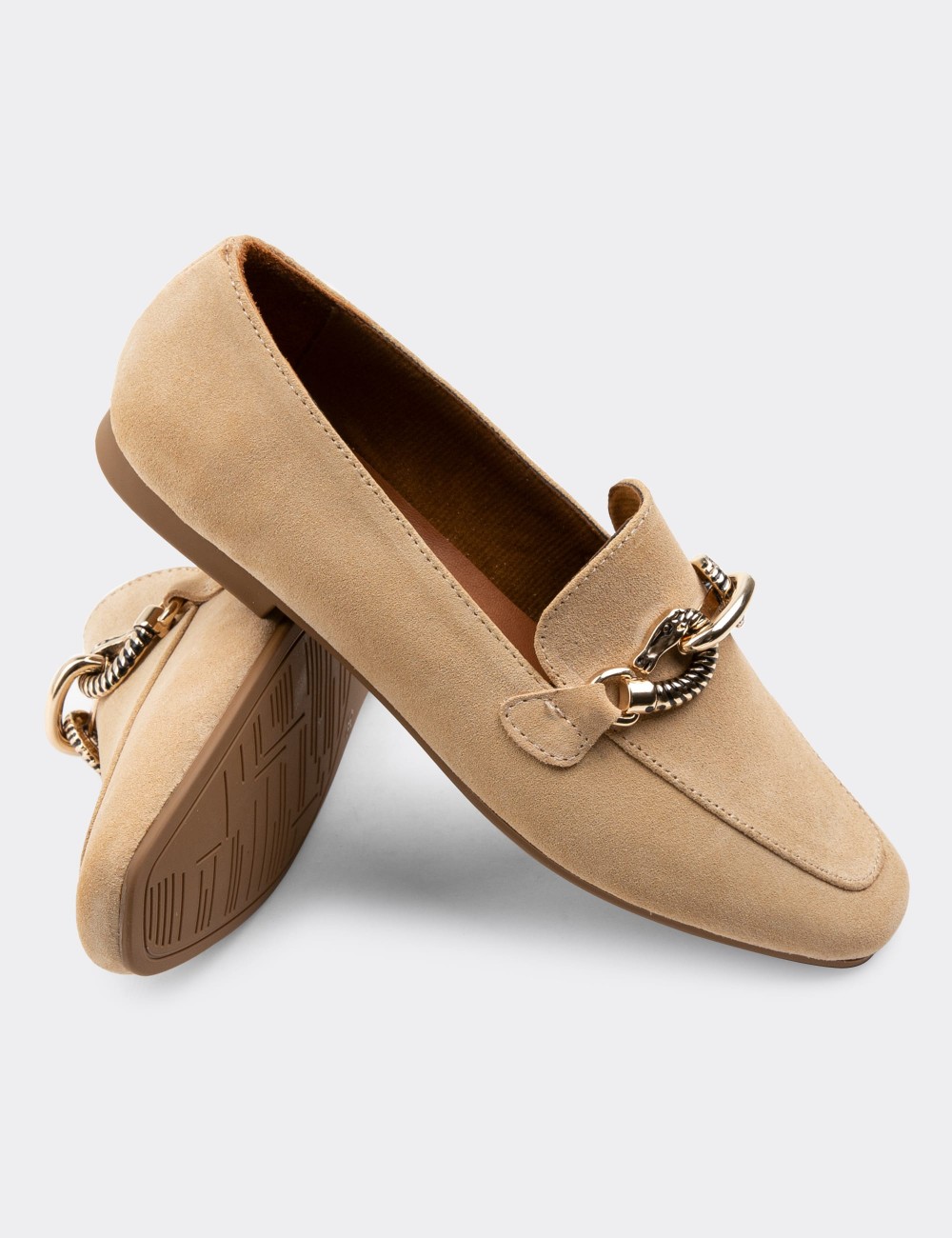 Beige Suede Leather Loafers - 01912ZBEJC01