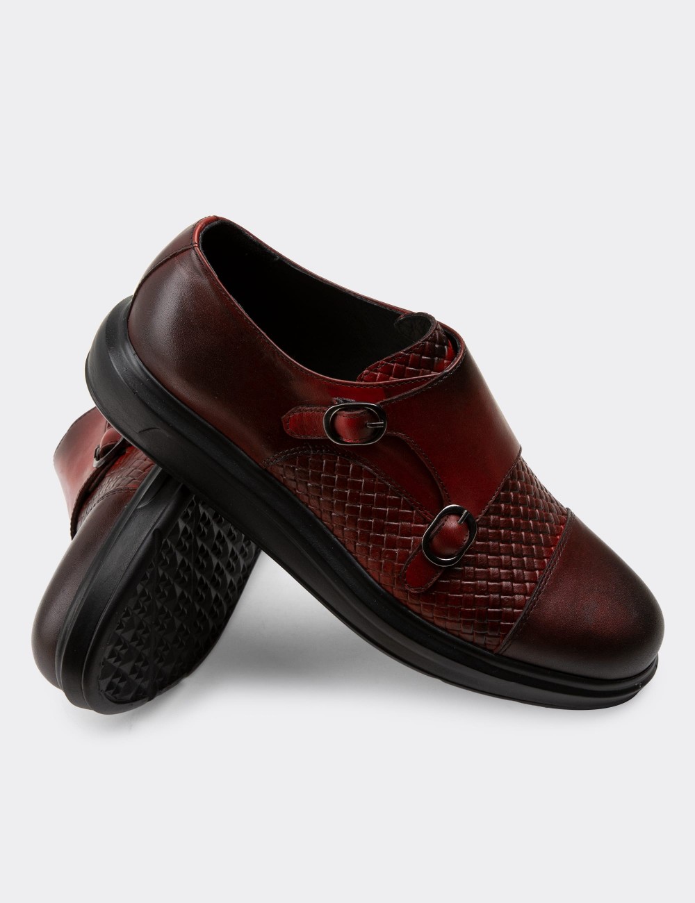 Burgundy  Leather Double Monk-Strap Lace-up Shoes - 01838MBRDP02