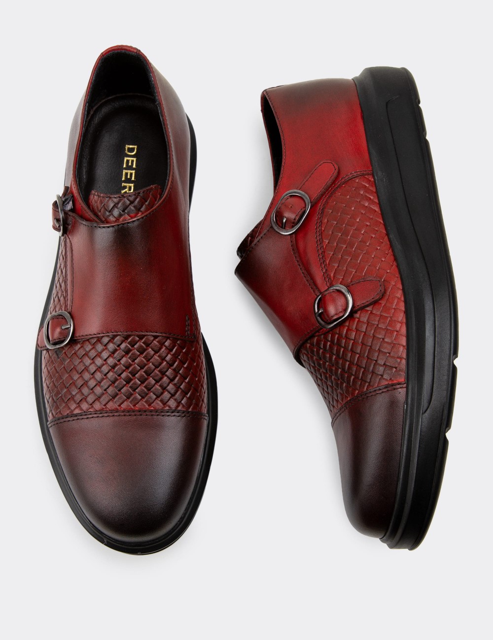 Burgundy  Leather Double Monk-Strap Lace-up Shoes - 01838MBRDP02
