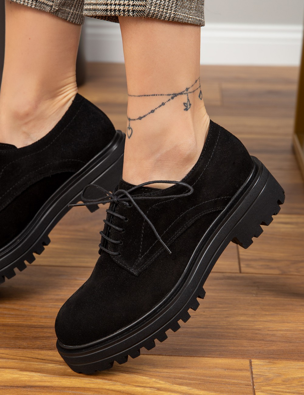 Black Suede Leather Lace-up Shoes - 01430ZSYHE05