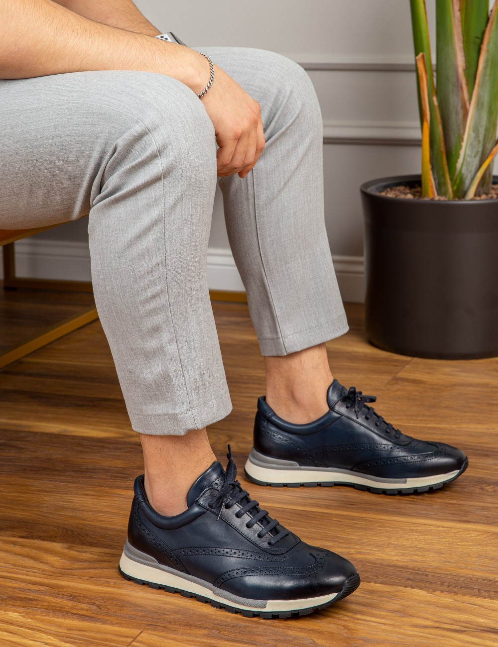 Navy Blue Leather Cornella Lace Up Sneakers – Costoso Italiano
