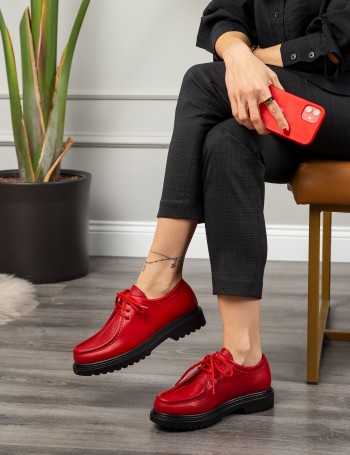 Red Leather Lace-up Shoes - 01935ZKRMC01