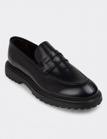 Navy Leather Loafers - 01878MLCVE01