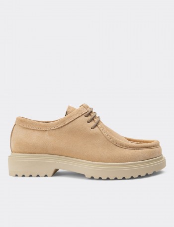 Beige Suede Leather Lace-up Shoes - 01935ZBEJC02
