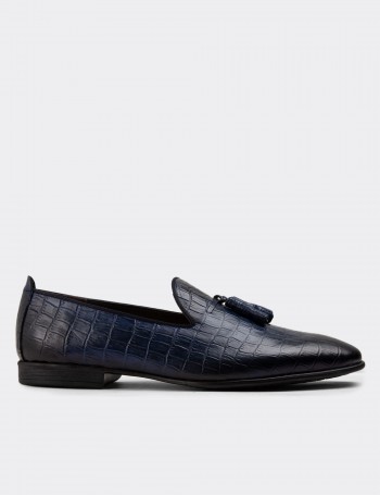 Blue Leather Loafers Shoes - 01702MMVIC01