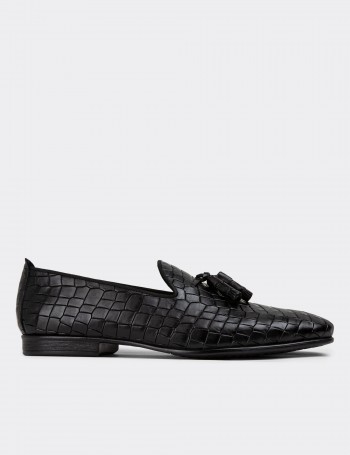 Black Leather Loafers - 01702MSYHC12