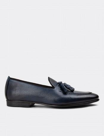 Navy Leather Loafers - 01701MLCVC18