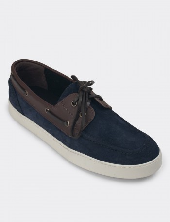 Navy Suede Leather Lace-up Shoes - 01952MLCVC02