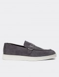Gray Suede Monk Strap Leather Loafers