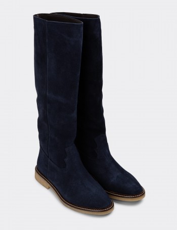 Navy Suede Leather Boots - 01968ZLCVC01