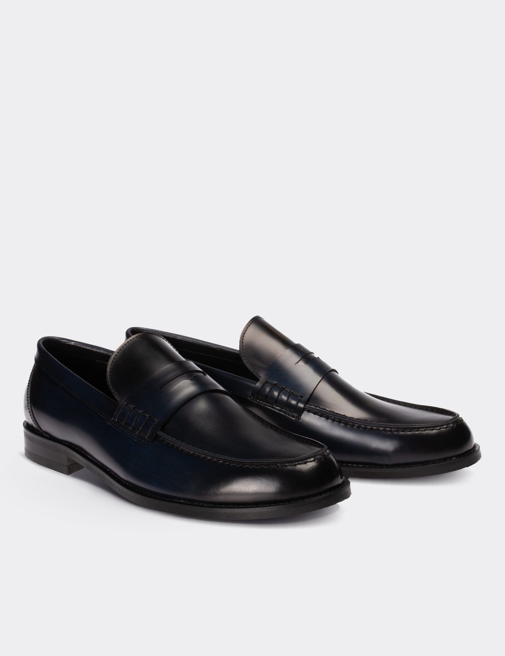 Navy Leather Loafers - 01538MLCVN02