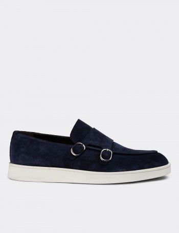 Navy Suede Leather Double Monk-Strap Loafers