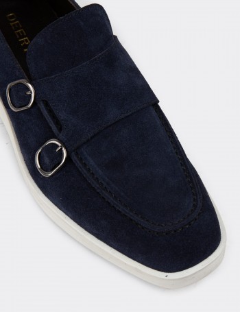 Navy Suede Leather Double Monk-Strap Loafers