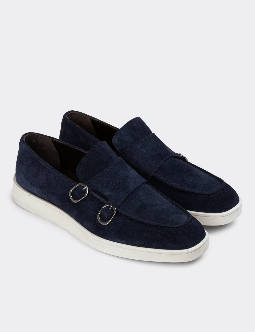 Navy Suede Leather Double Monk-Strap Loafers - 01966MLCVC01