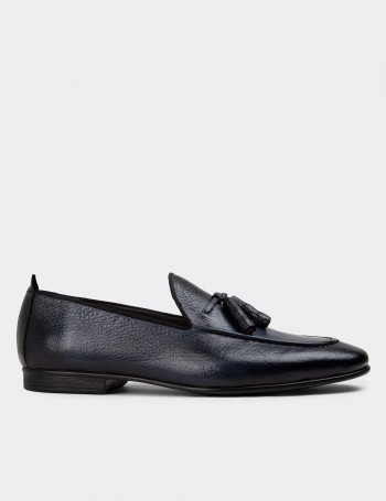 Navy Leather Loafers - 01701MLCVC29