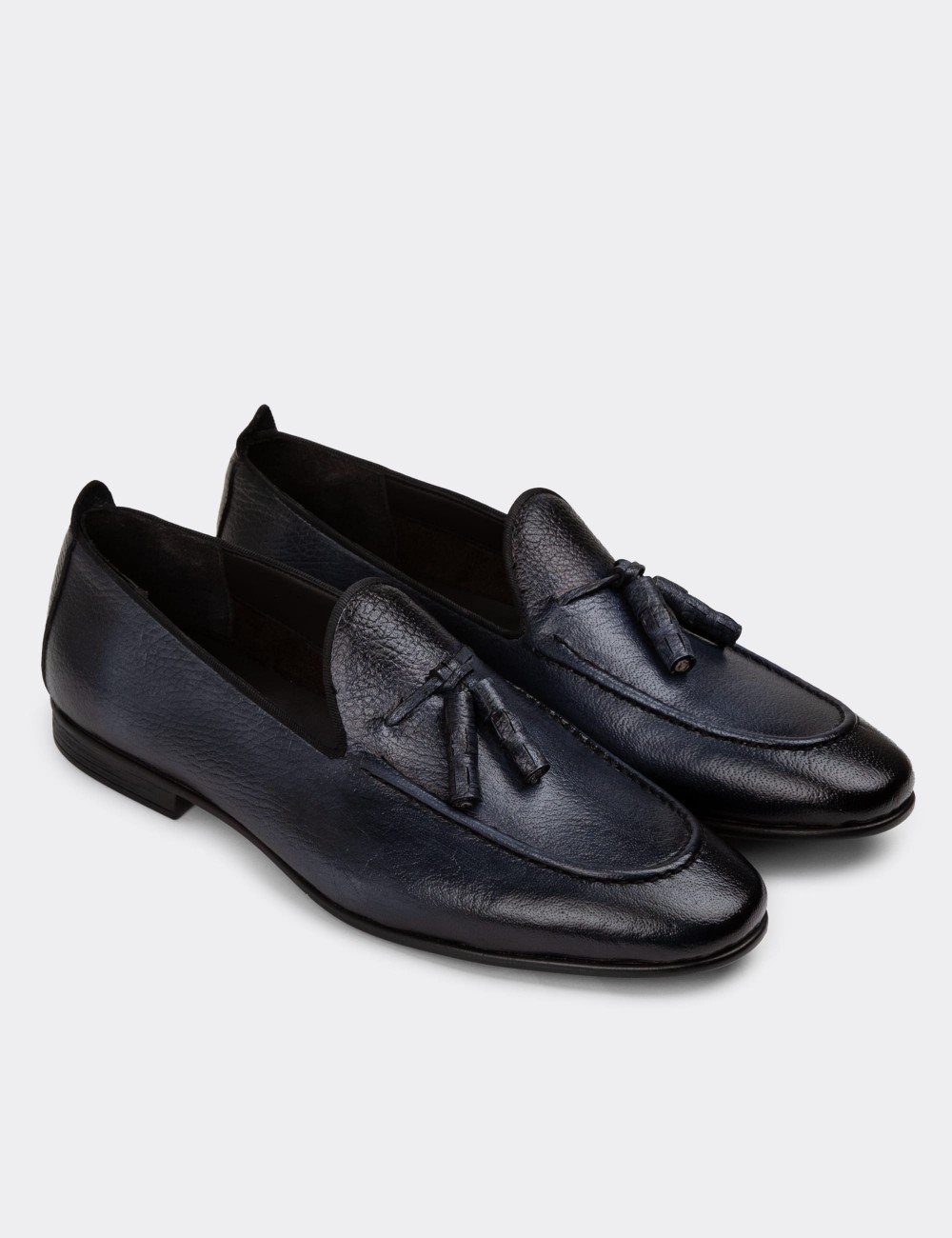 Navy Leather Loafers - 01701MLCVC29