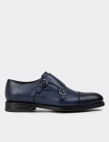 Navy Blue Leather Double Monk-Strap Classic Shoes