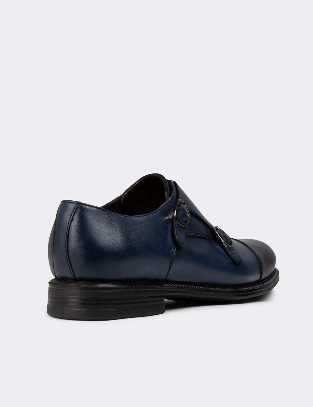 Navy Blue Leather Double Monk-Strap Classic Shoes - 01838MLCVC01