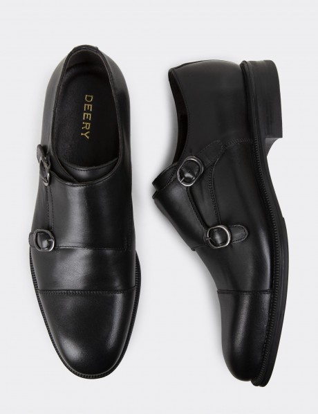 Black Leather Double Monk-Strap Classic Shoes