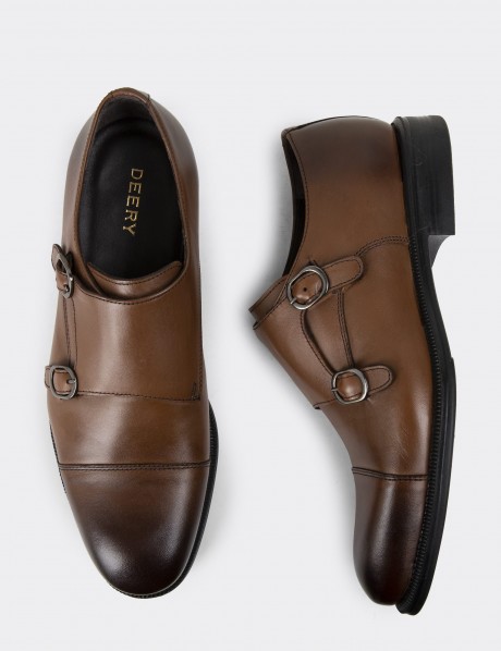 Tan Leather Double Monk-Strap Classic Shoes