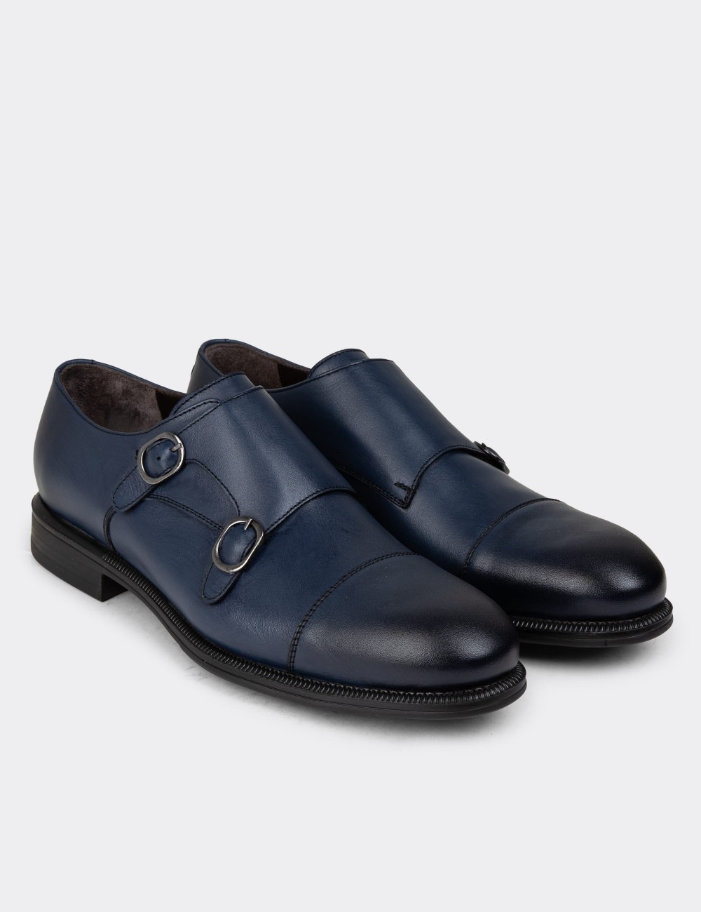 Navy Blue Leather Double Monk-Strap Classic Shoes - 01838MLCVC01