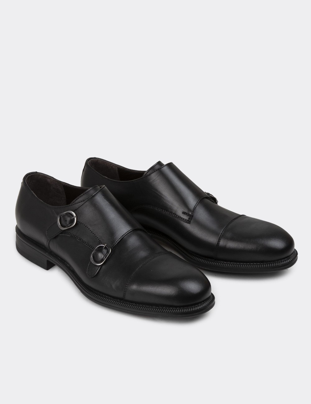 Black Leather Double Monk-Strap Classic Shoes - 01838MSYHC01