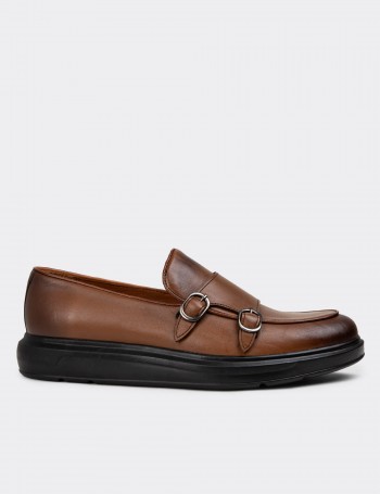 Brown Leather Double Monk-Strap Loafers - 01843MKHVP01