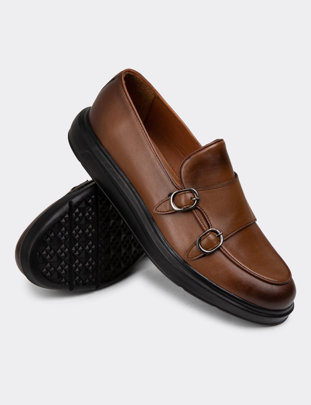 Brown Leather Double Monk-Strap Loafers - 01843MKHVP01