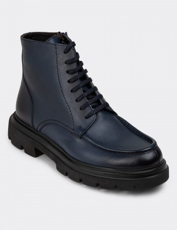 Navy Leather Boots - 01979MLCVE01