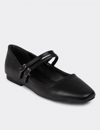 Black Leather Flats - K0110ZSYHC01