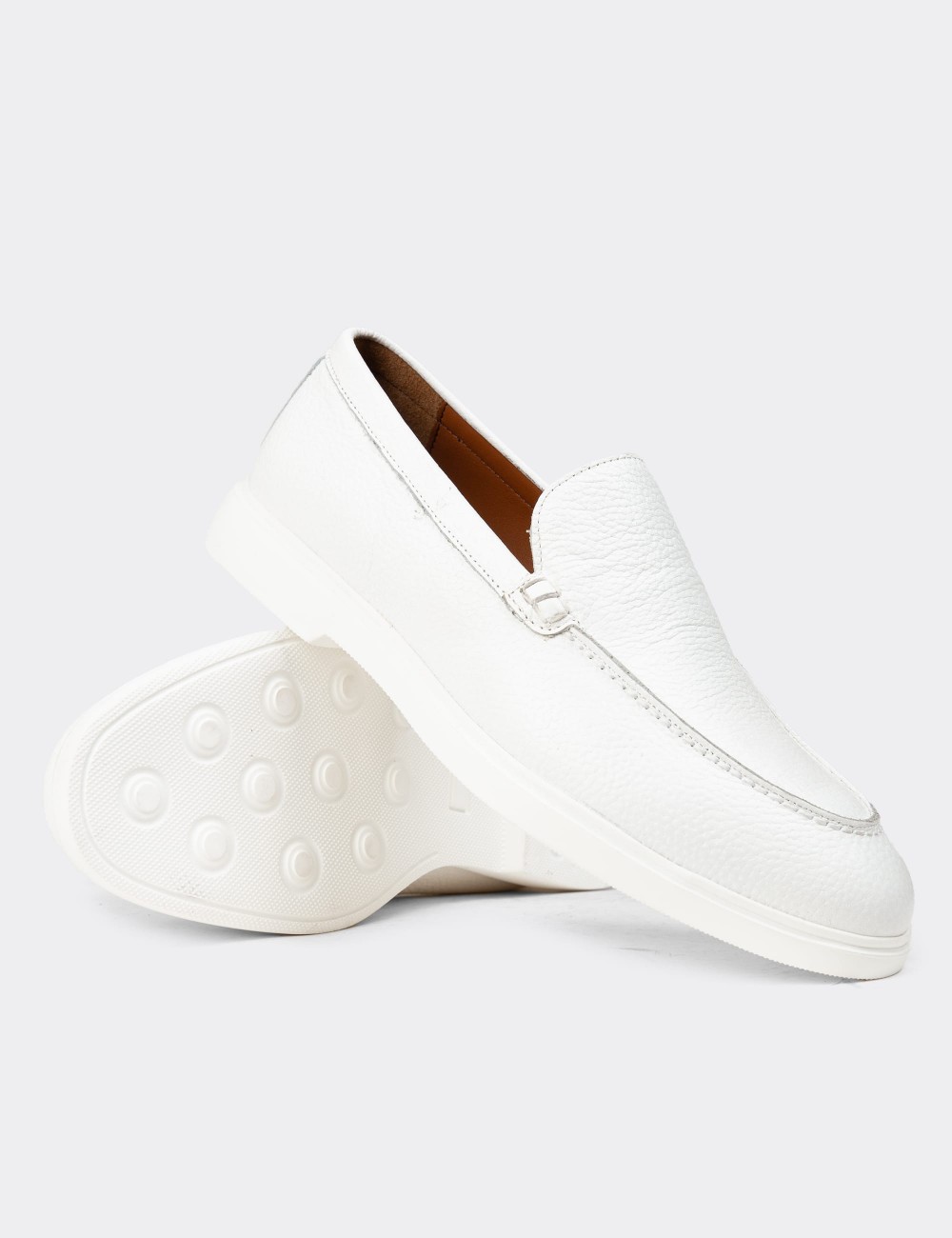 Men's White Leather Loafers - 01957MBYZE01