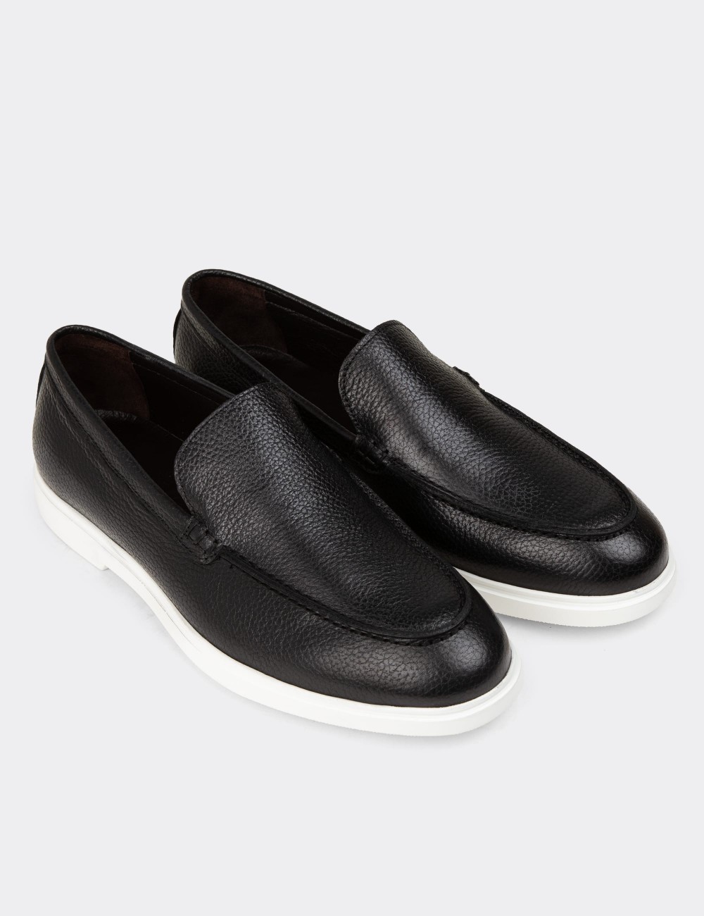 Men's Black Leather Loafers - 01957MSYHE01