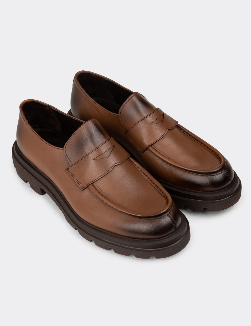 Men's Tan Leather Slip-On Shoes - 01980MTBAE03