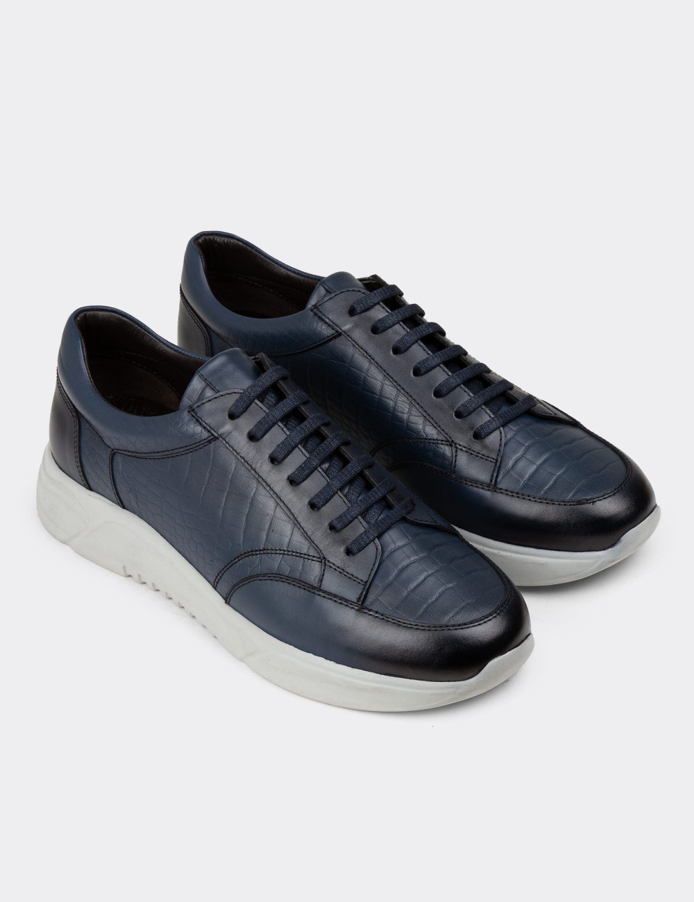 Men's Navy Leather Sneakers - 01984MLCVE03