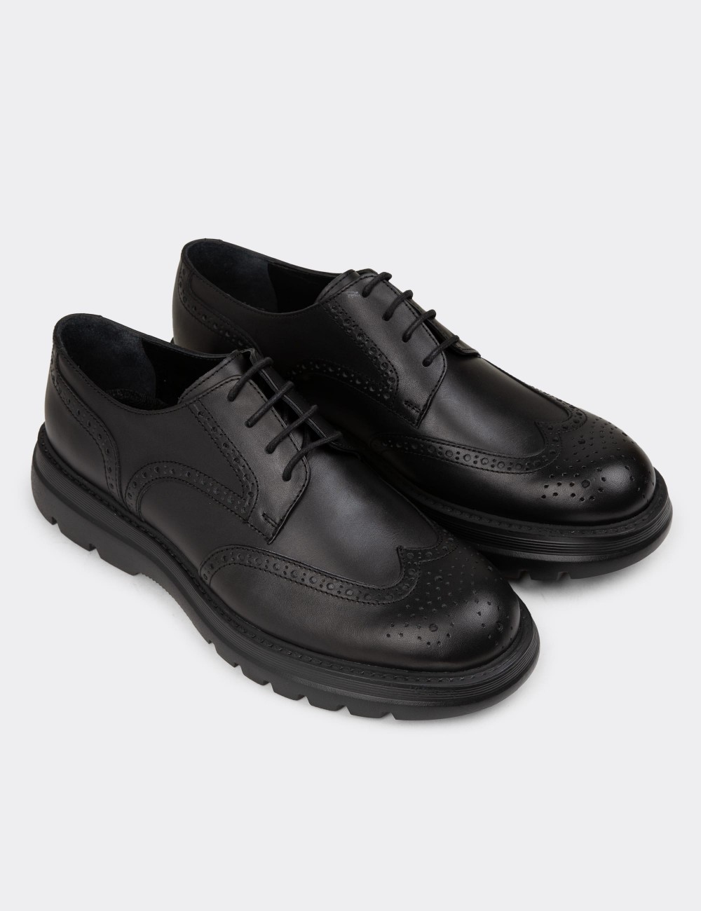 Men's Black Leather Lace-Up Shoes - 01696MSYHE01