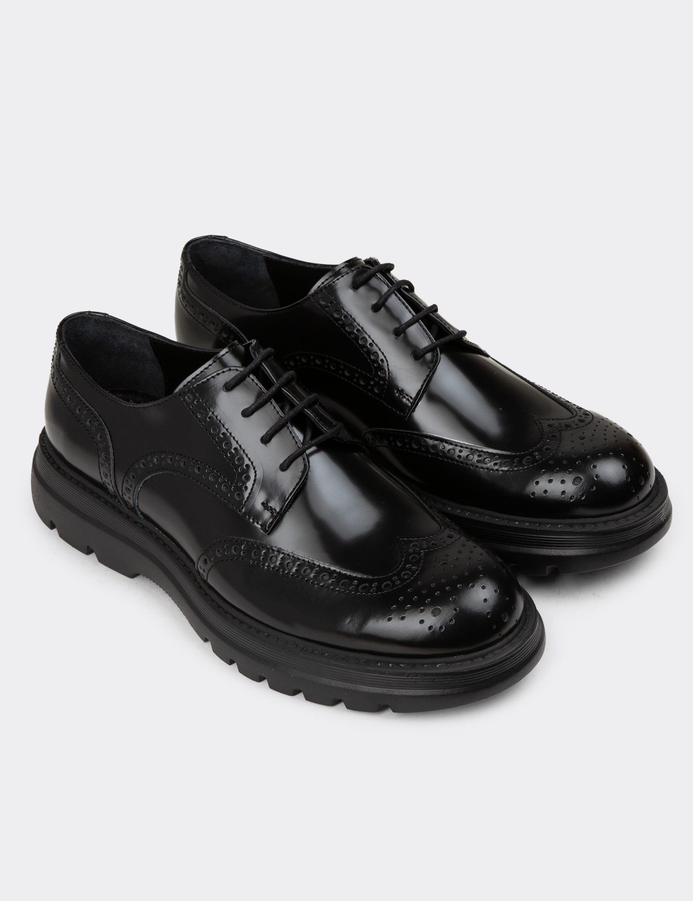 Men's Black Leather Lace-up Footwear - 01696MSYHE03