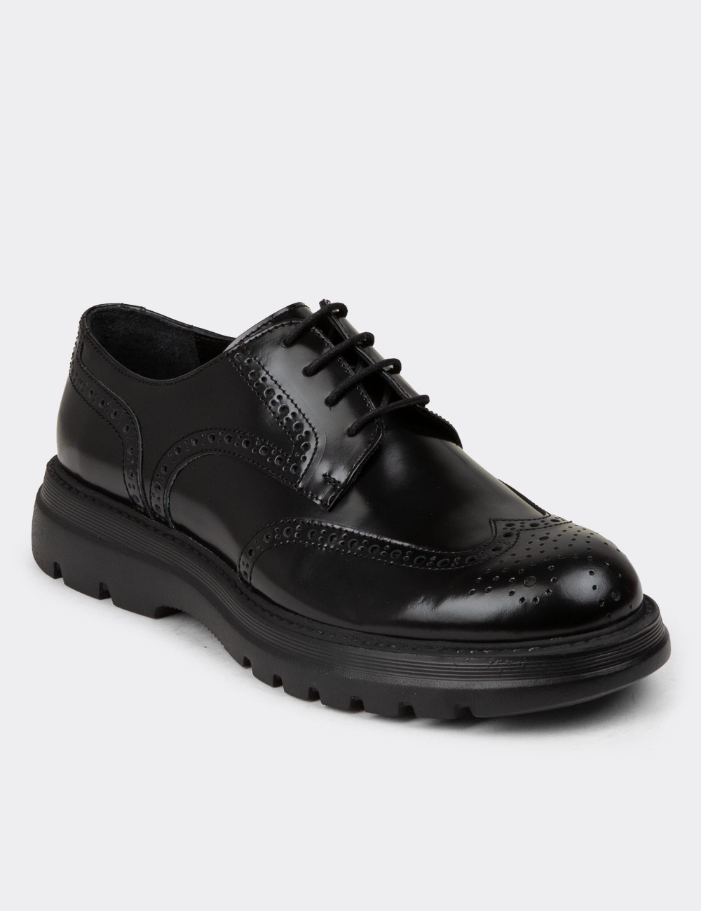 Men's Black Leather Lace-up Footwear - 01696MSYHE03