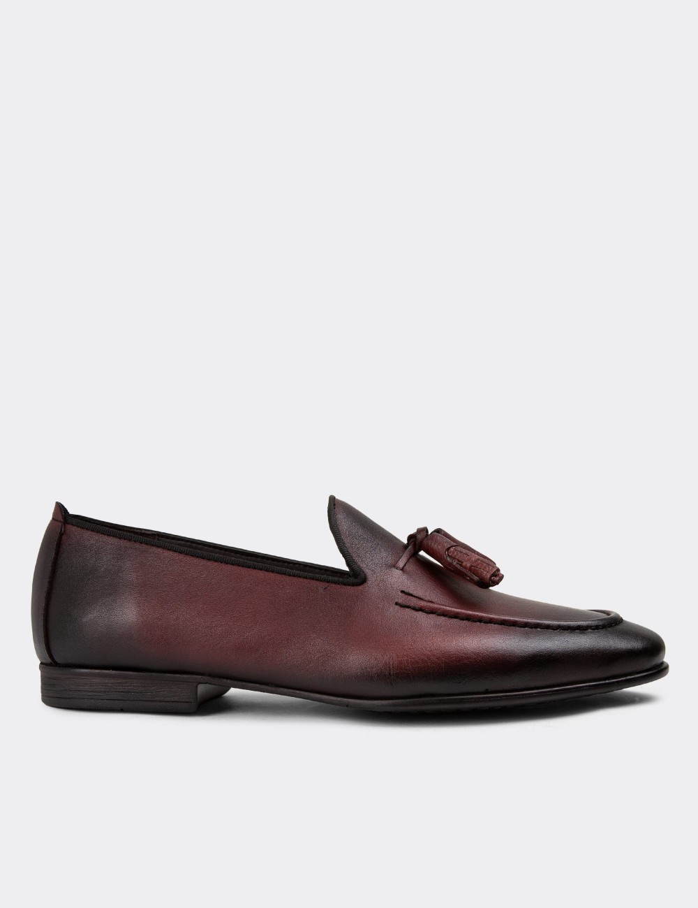 Men's Burgundy Leather Loafers - 01701MBRDC17