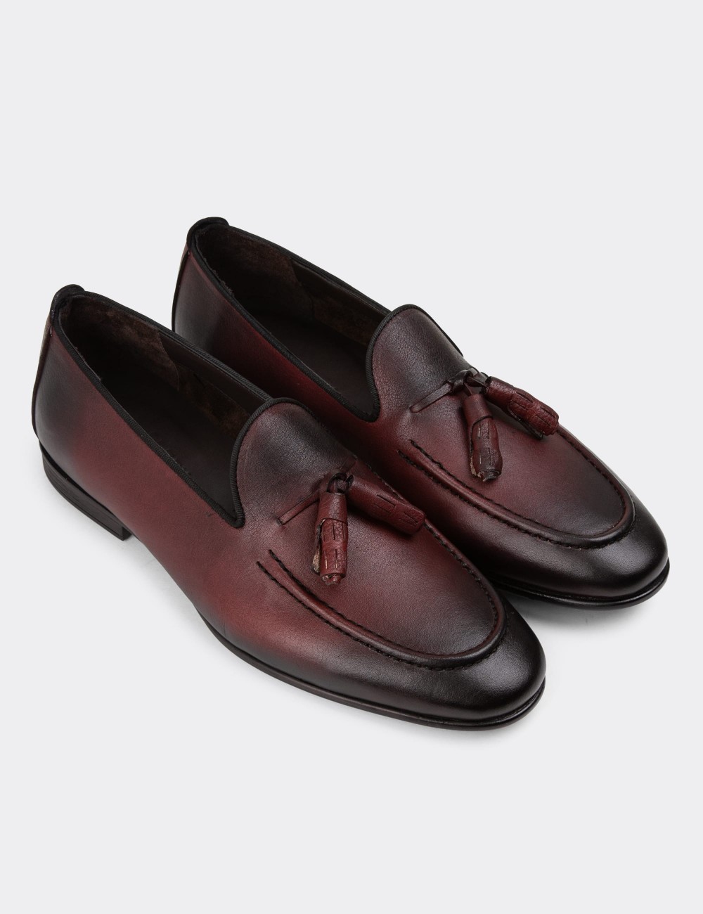 Men's Burgundy Leather Loafers - 01701MBRDC17