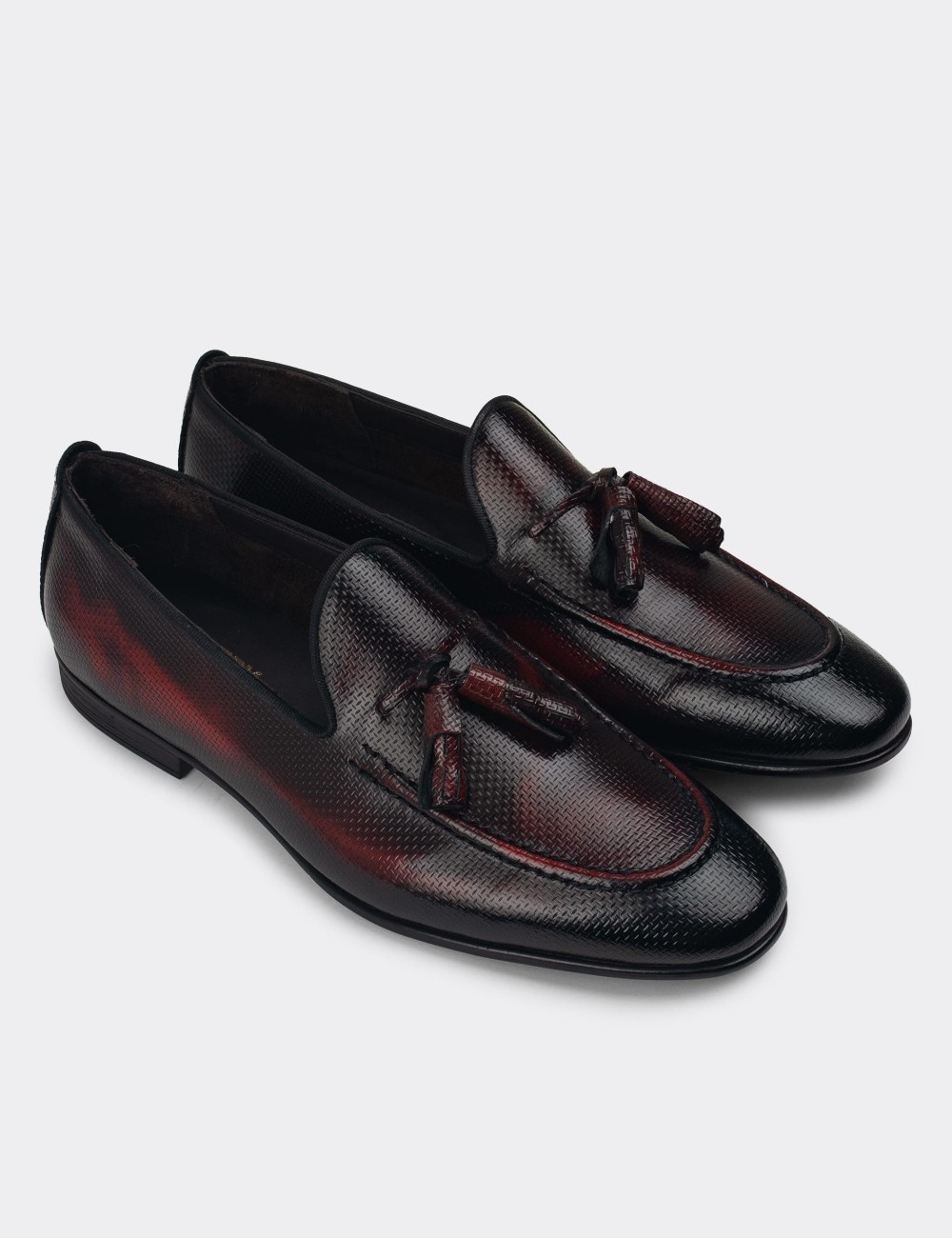 Men's Burgundy Leather Loafers - 01701MBRDC21