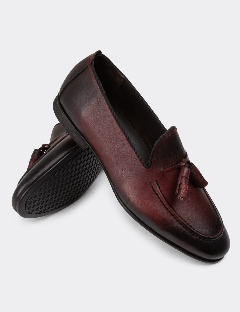 Men's Burgundy Leather Loafers - 01701MBRDC17
