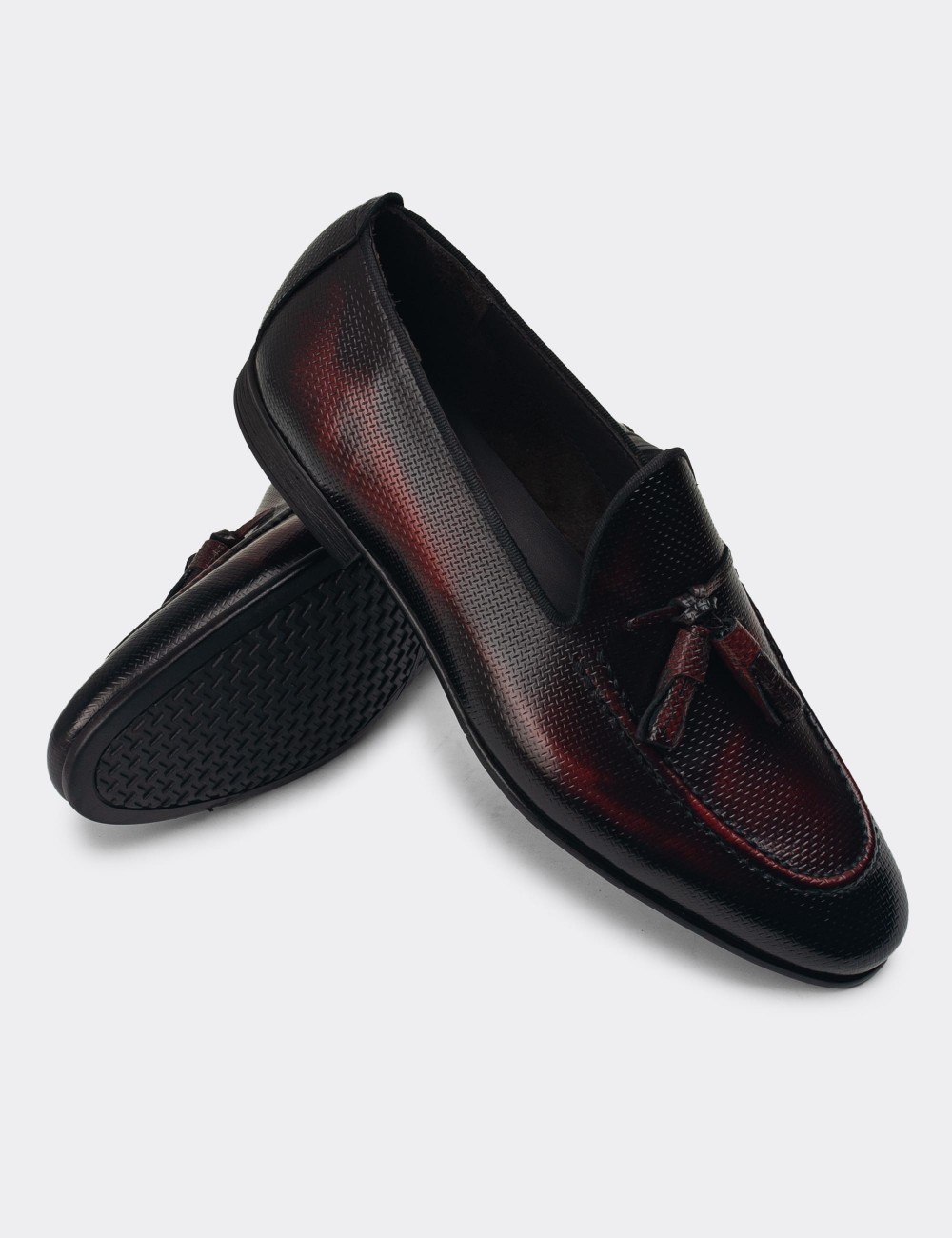 Men's Burgundy Leather Loafers - 01701MBRDC21