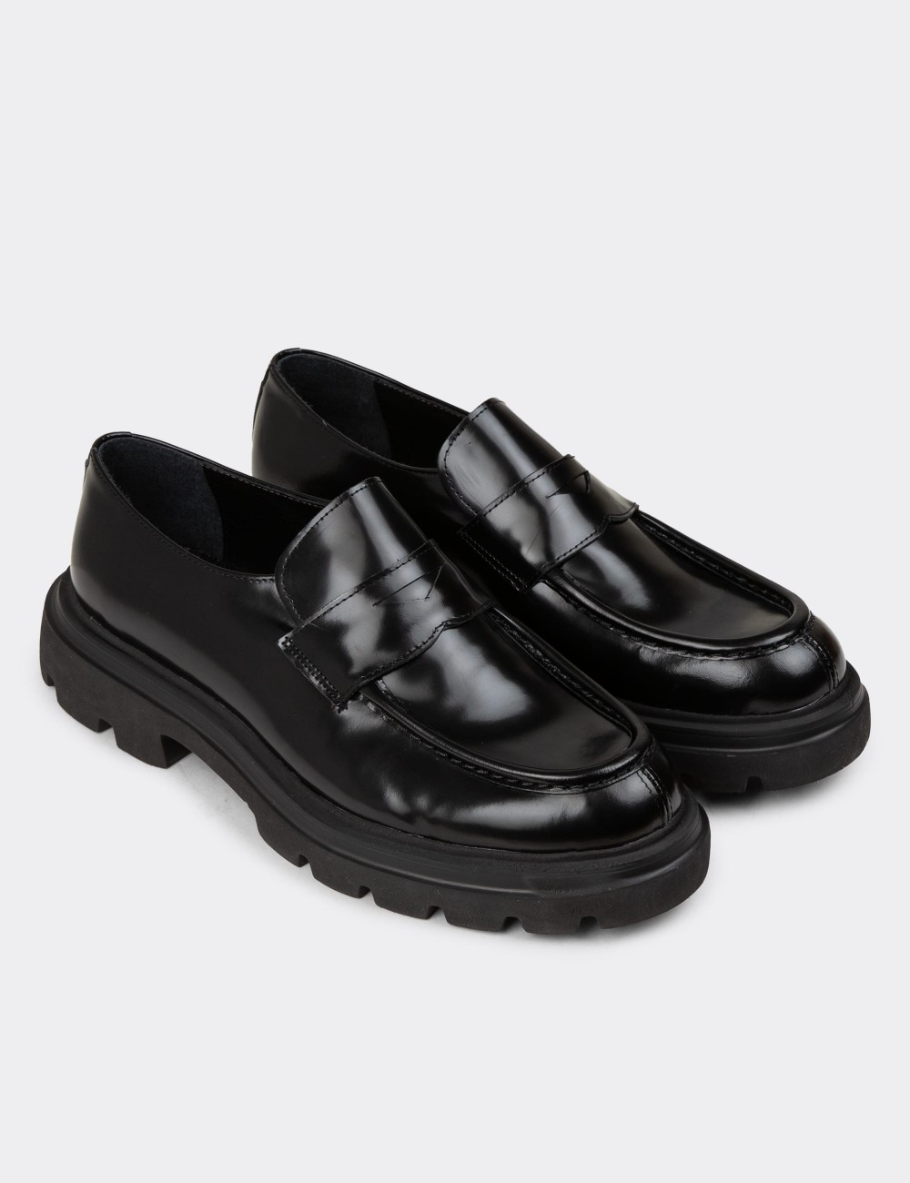 Men's Black Leather Loafers - 01980MSYHE03