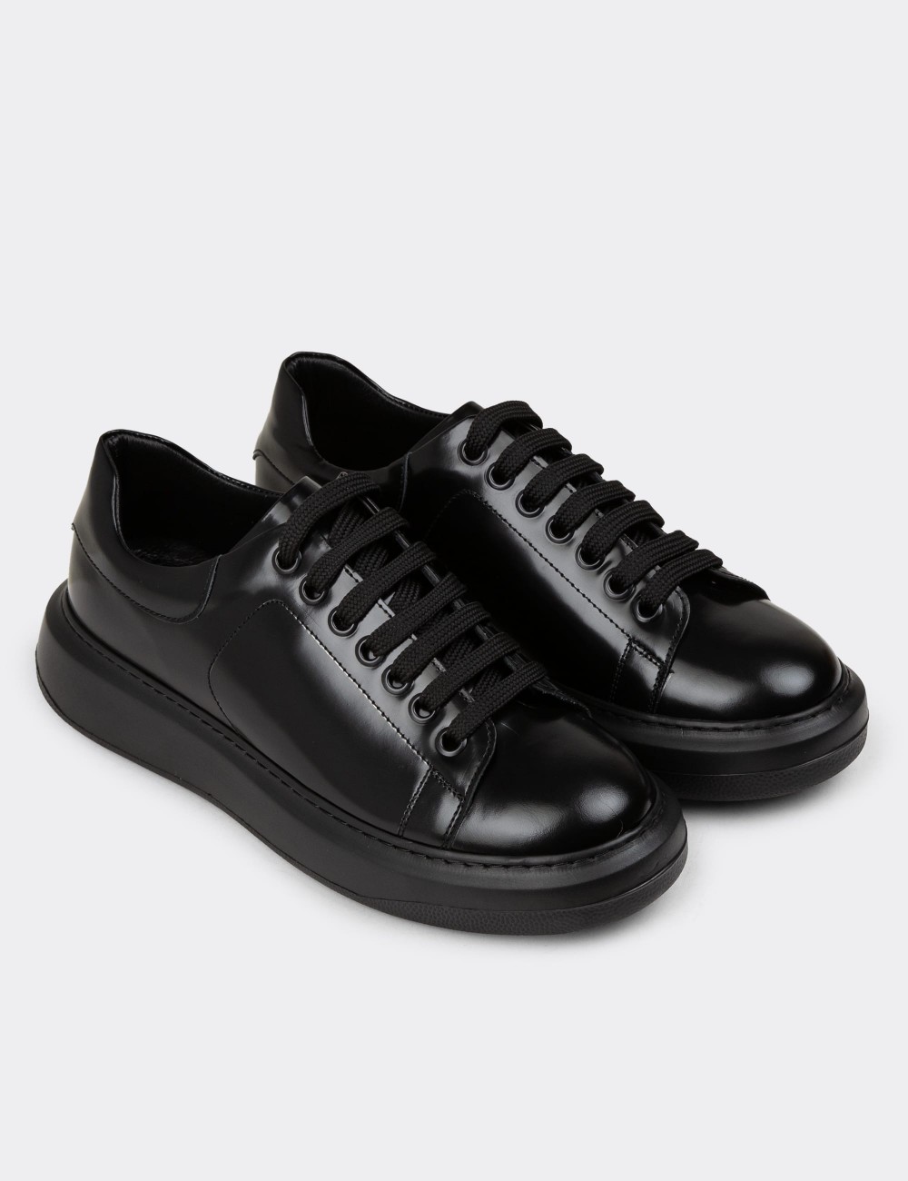 Men's Black Leather Sneakers - 01990MSYHP06