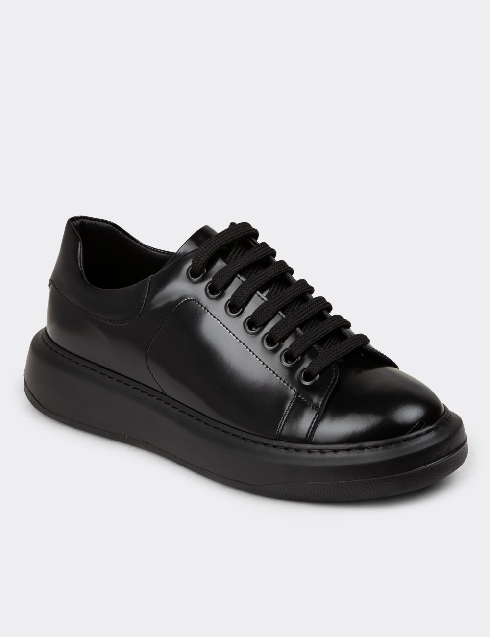Men's Black Leather Sneakers - 01990MSYHP06