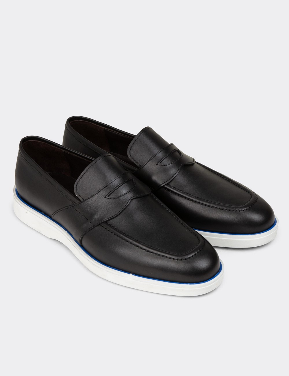 Men's Black Leather Loafers - 01960MSYHC03