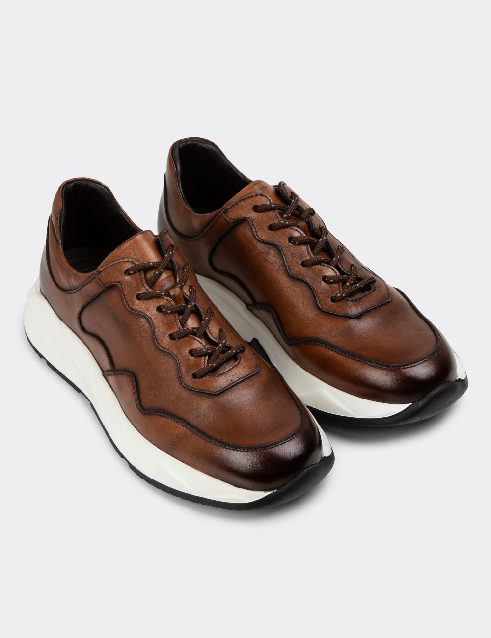 Men's Tan Leather Sneakers - 01725MTBAE01