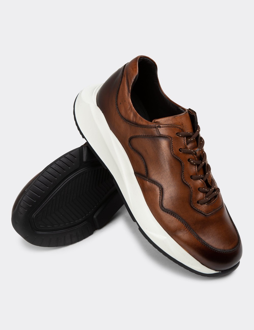 Men's Tan Leather Sneakers - 01725MTBAE01