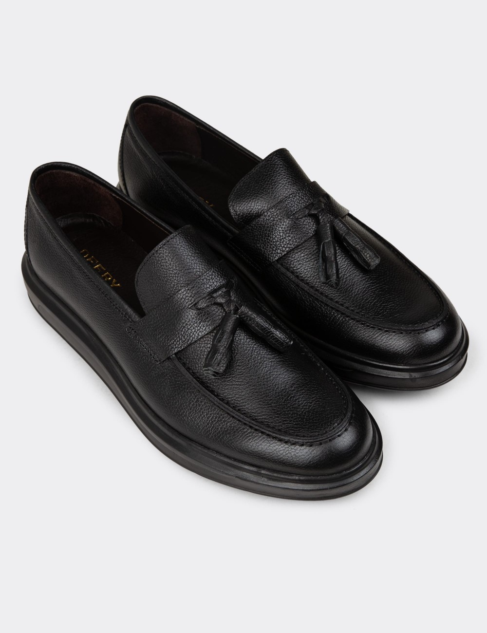 Men's Black Leather Loafers - 01587MSYHP12