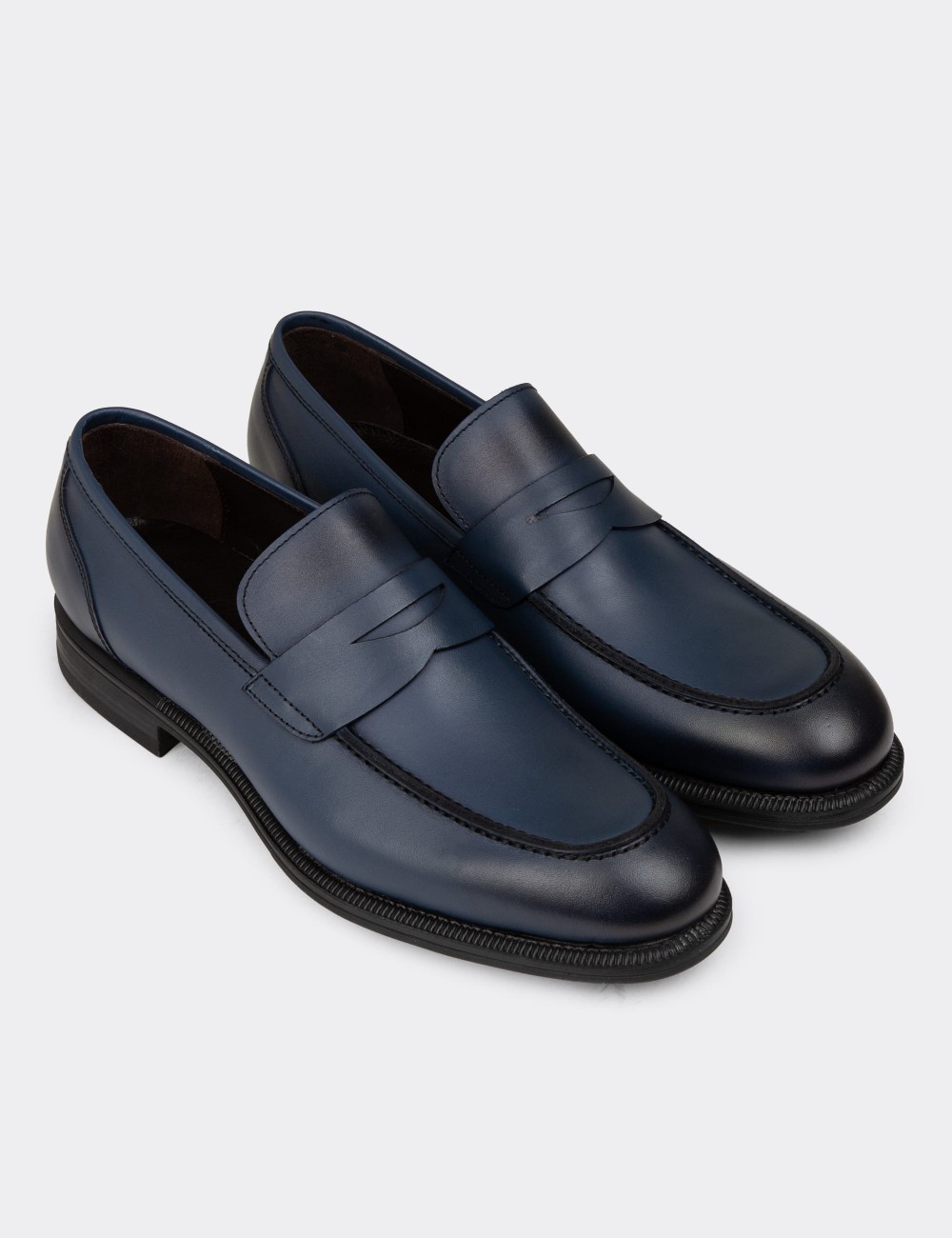 Men's Navy Leather Loafers - 01995MLCVC01